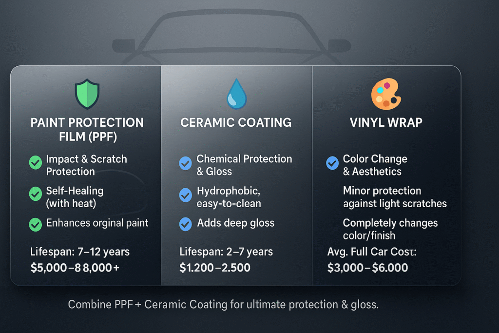 PPF vs. Ceramic Coating vs. Vinyl Wrap
